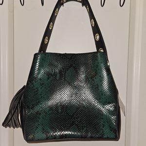 Green and black alligator print purse